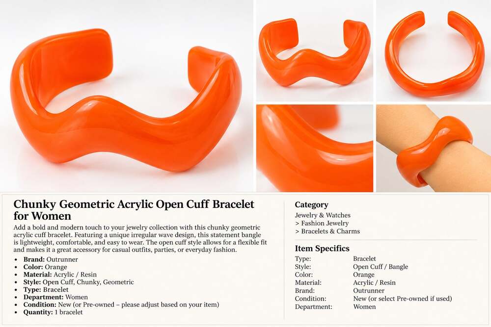 Outrunner Orange Chunky Geometric Acrylic Open Cuff Bangle Bracelet for Women